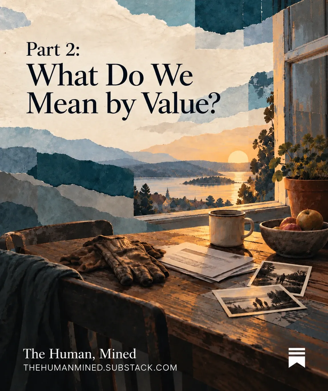 Collage of a worn wooden table by an open window at sunset, with work gloves, a tin mug, papers, old photographs, and a bowl of apples, a lake and village beyond. The cover carries the essay's title.